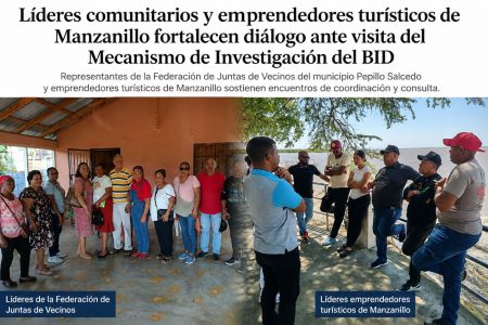 En Manzanillo: Consejo de Organizaciones desarrolla jornadas preparatorias con sus 17 entidades ante visita del Mecanismo de Investigación del BID Reunión de la Federación de Juntas de Vecinos de Pepillo Salcedo, liderada por Rosario Cabreja, donde dirigentes comunitarios participan en un encuentro para coordinar acciones y conocer detalles sobre la visita del MICI del BID, en un espacio organizado con sillas dispuestas en círculo dentro de un salón comunitario.